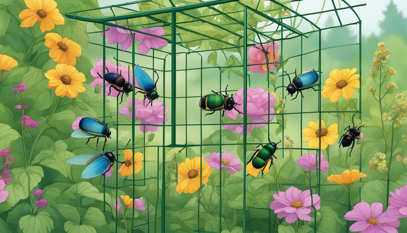 A Japanese beetle trap hangs from a garden trellis, surrounded by lush greenery and colorful flowers. Six pheromone traps dangle from the main structure, ready to attract and capture common vegetable garden pests