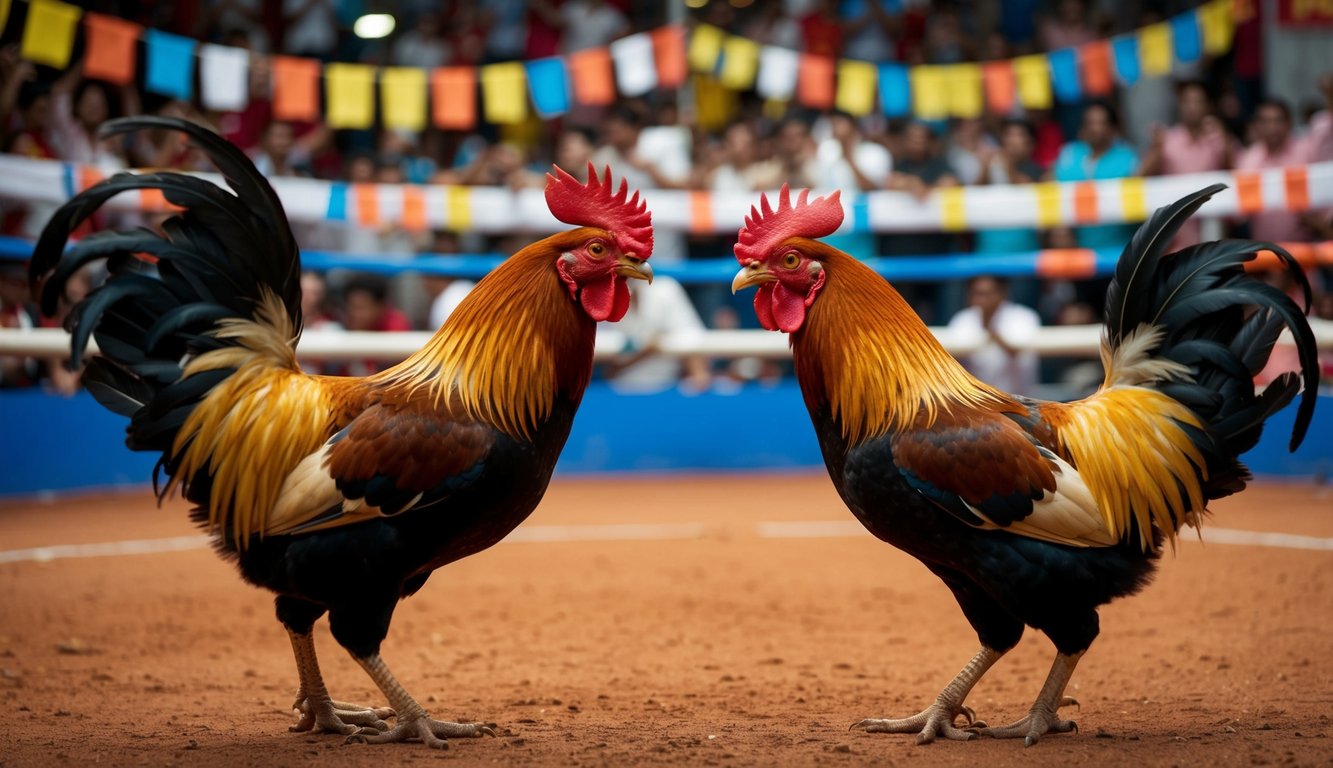 Dua ayam jantan berhadapan di arena sabung ayam online yang ramai. Burung-burung tersebut dikelilingi oleh penonton yang bersorak dan spanduk berwarna-warni.