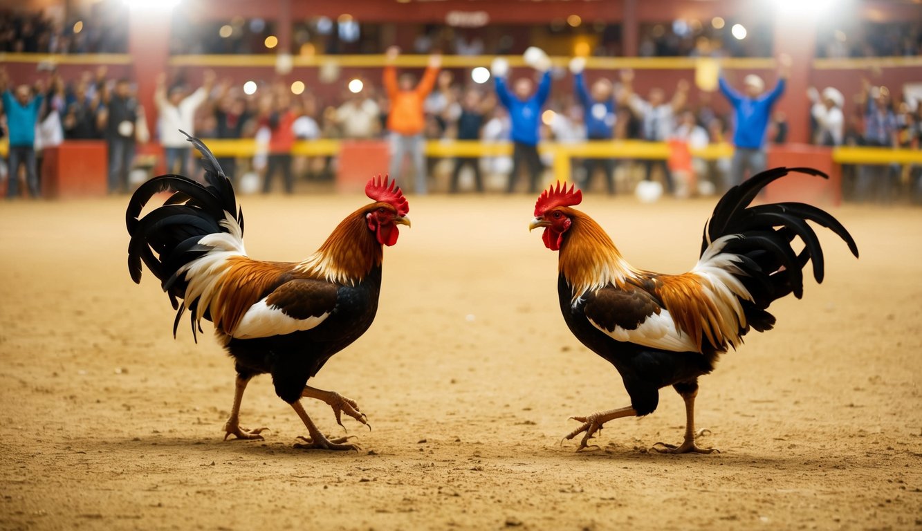 Sebuah arena sabung ayam dengan penonton yang bersorak dan dua ayam jantan bertarung di tengah