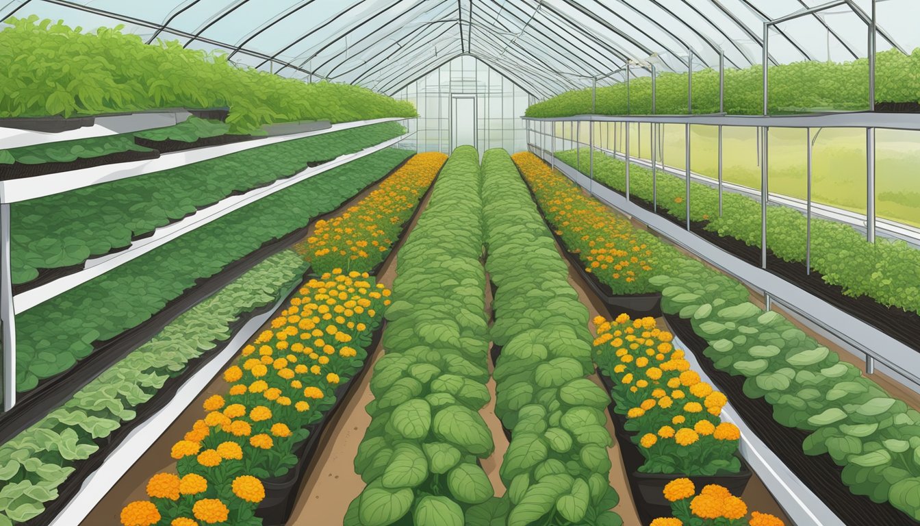 A greenhouse with rows of plants covered in reflective mulch, surrounded by natural deterrents for whiteflies such as marigolds and basil