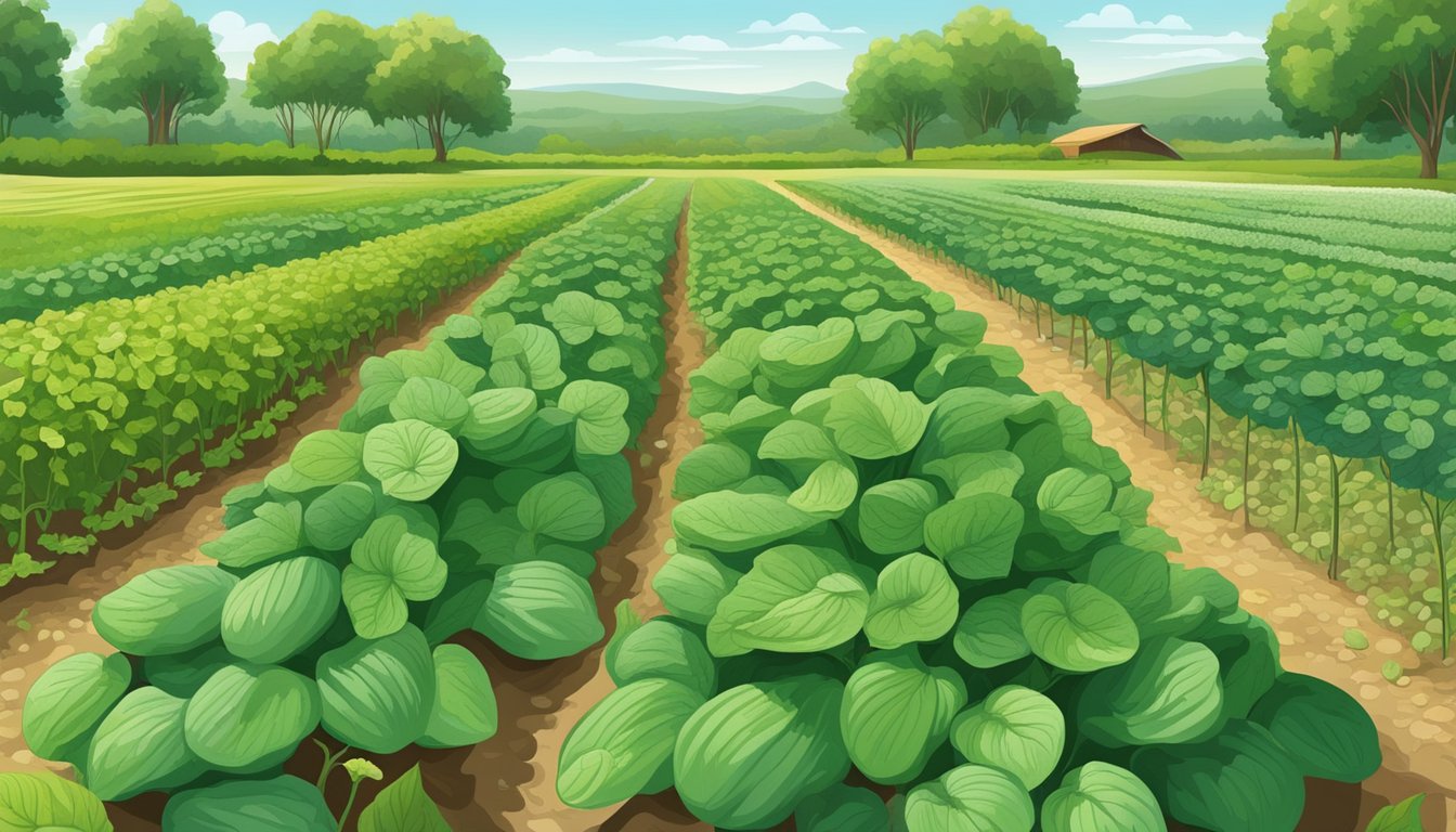 A lush field of rotating crops with cucumbers, surrounded by natural solutions such as beneficial insects and companion plants to manage cucumber beetles