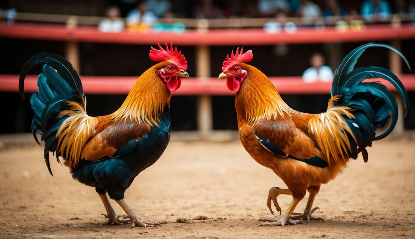 Seekor ayam jantan dan ayam betina berhadapan di arena sabung ayam tradisional