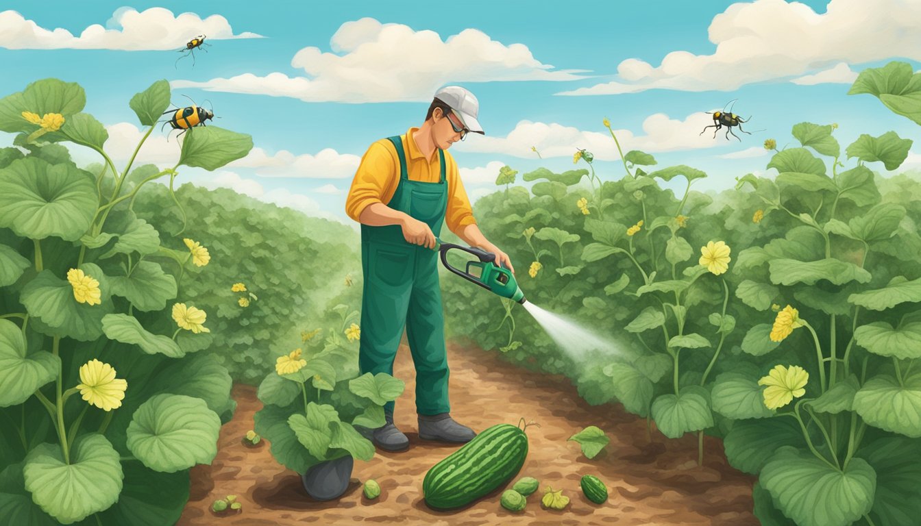 A gardener spraying insecticidal soap on cucumber plants infested with cucumber beetles