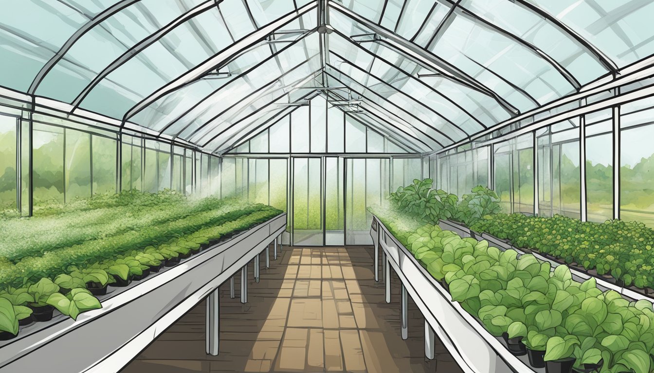 A greenhouse filled with various plants being sprayed with a garlic extract solution to control whiteflies