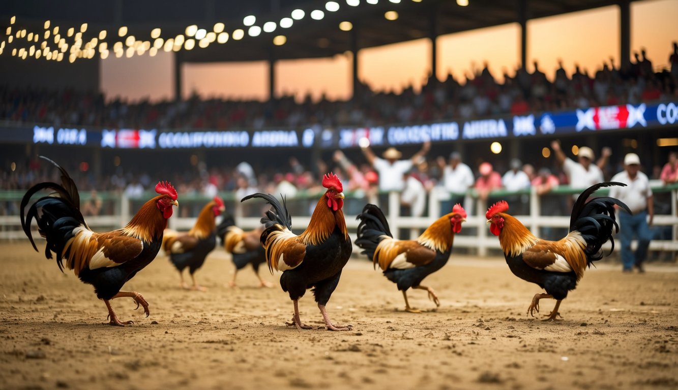 Sebuah arena sabung ayam yang ramai dengan penonton yang bersorak dan ayam jantan di tengah pertarungan sengit