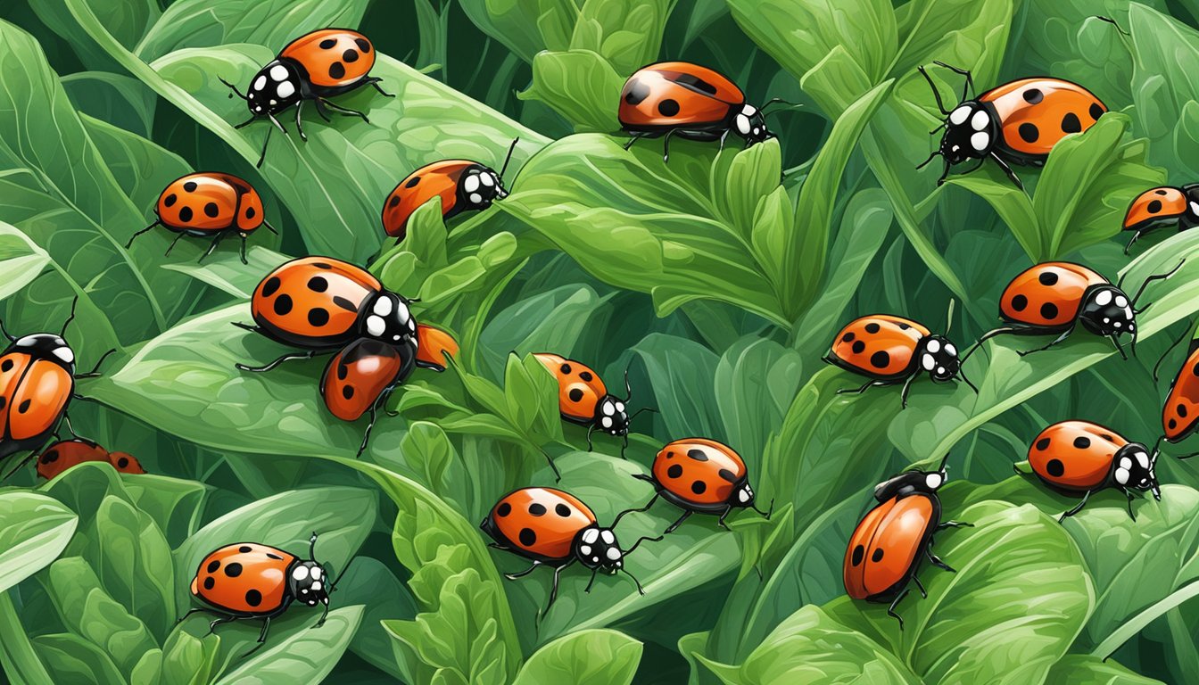 Ladybugs swarm over green plants, devouring whiteflies in a lush greenhouse