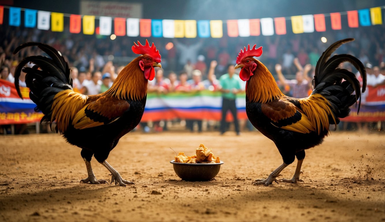 Dua ayam jantan berhadapan di arena tanah, dikelilingi oleh penonton yang bersorak dan spanduk berwarna-warni. Udara dipenuhi dengan kegembiraan dan antisipasi saat pertandingan sabung ayam langsung dimulai.