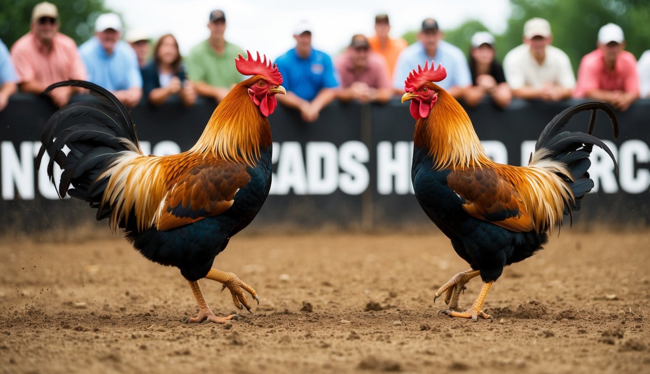 Dua ayam jantan berhadapan di dalam lubang tanah yang dikelilingi oleh penonton yang bersorak