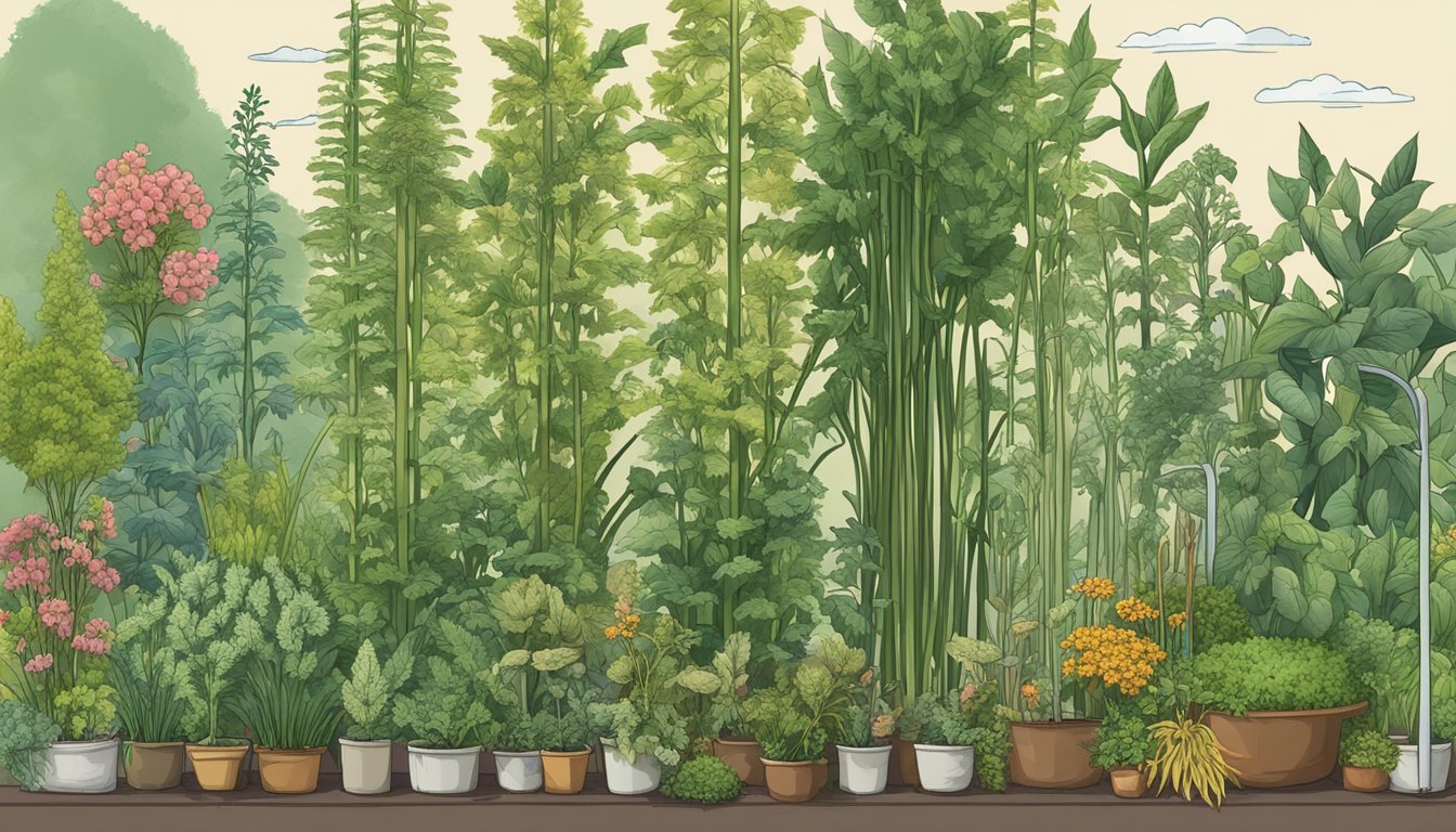 A garden with various types of plants labeled as "resistant varieties" standing tall and healthy, while others wilt from the effects of Verticillium wilt