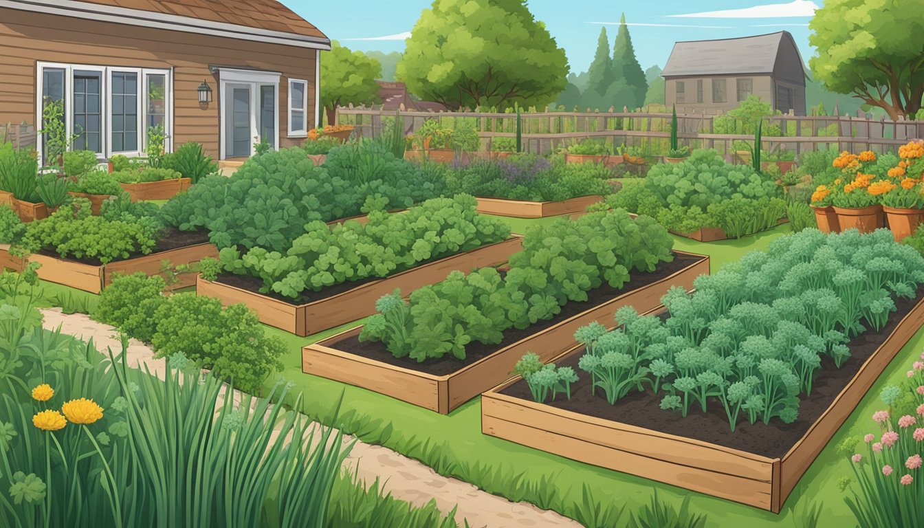 A lush vegetable garden with 14 chive plants surrounded by various vegetables, while pests are seen fleeing the area