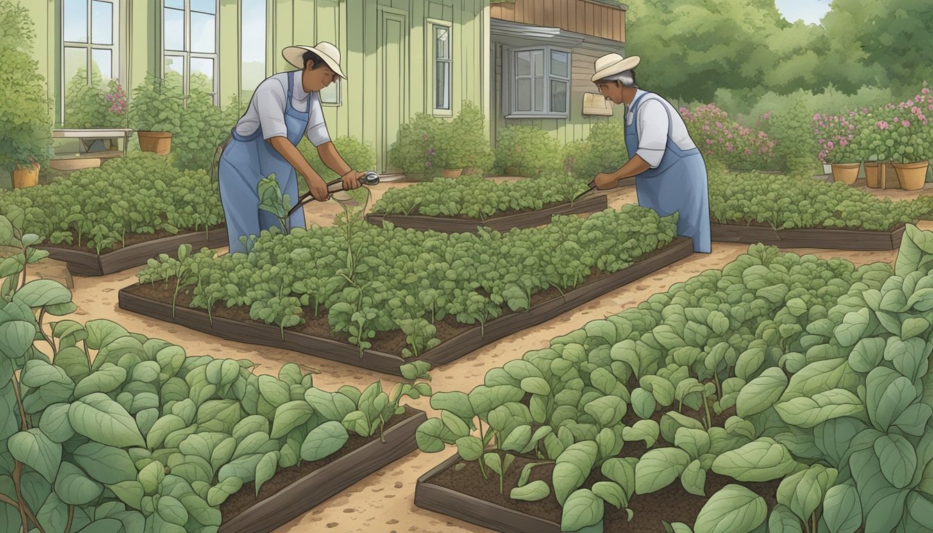 A garden filled with healthy bean plants being tended to using natural methods to control bean beetles