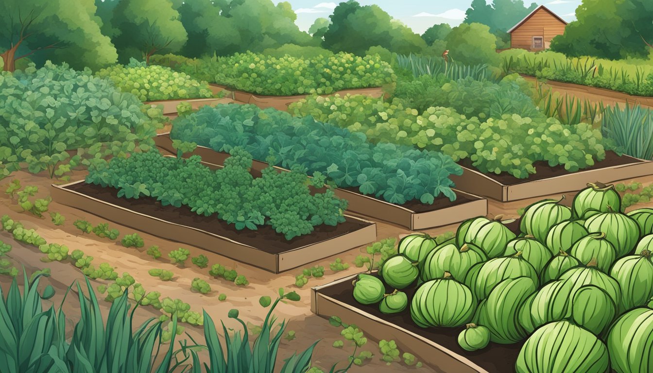 A lush vegetable garden with 14 onion plants surrounded by various vegetables, while pests are seen fleeing from the area