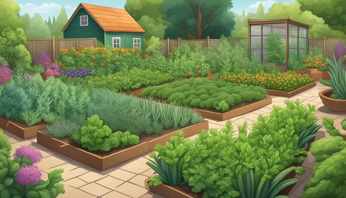 A lush vegetable garden with 14 rosemary plants surrounded by various vegetables, with pests being repelled by the fragrant herbs