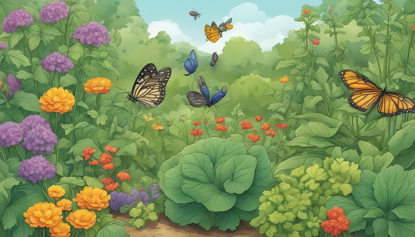 A lush garden with 14 catnip plants surrounded by various vegetables. Insects are seen fleeing the area, indicating the catnip's pest-repelling properties