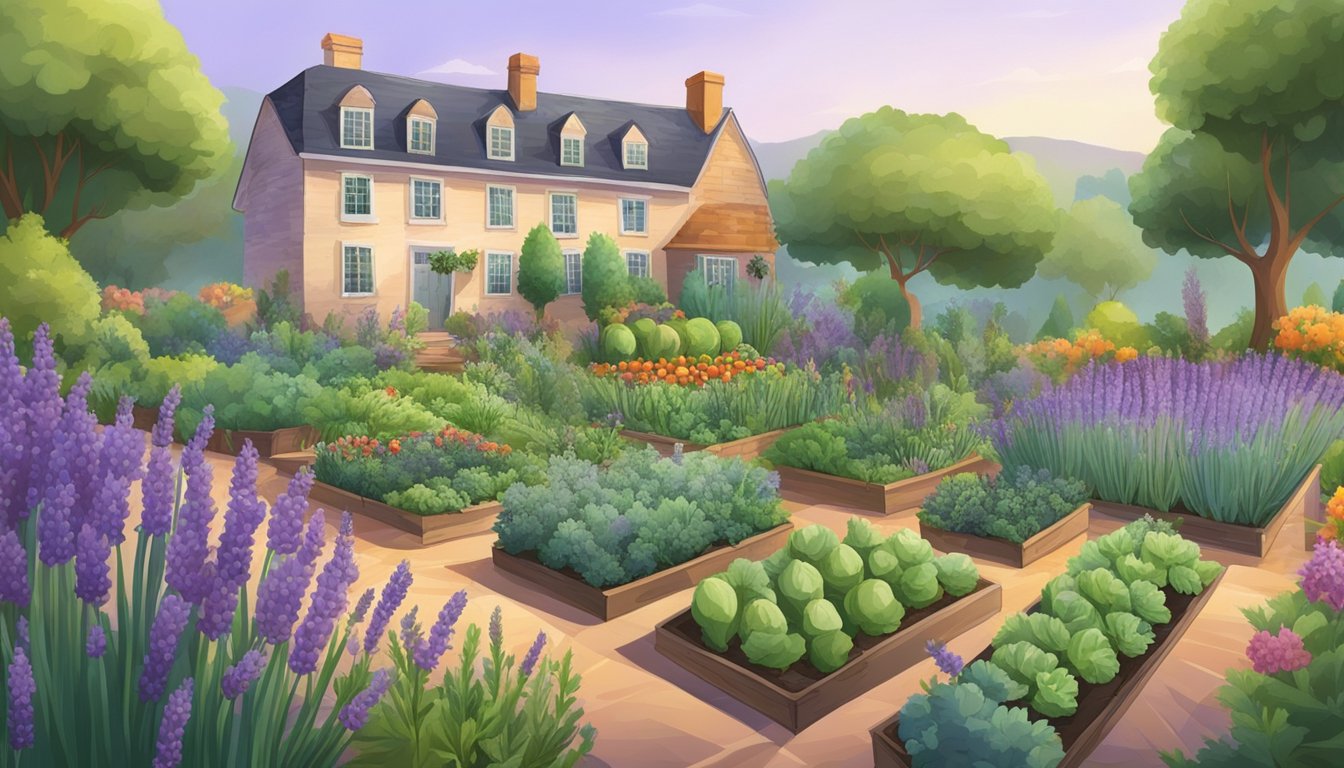 A garden with 14 lavender plants surrounded by various vegetables, with pests like aphids and beetles being repelled by the lavender