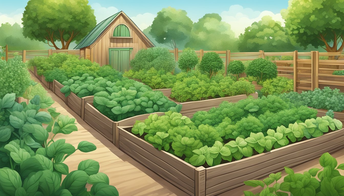 A lush vegetable garden with 14 varieties of mint plants growing among the crops, naturally repelling pests