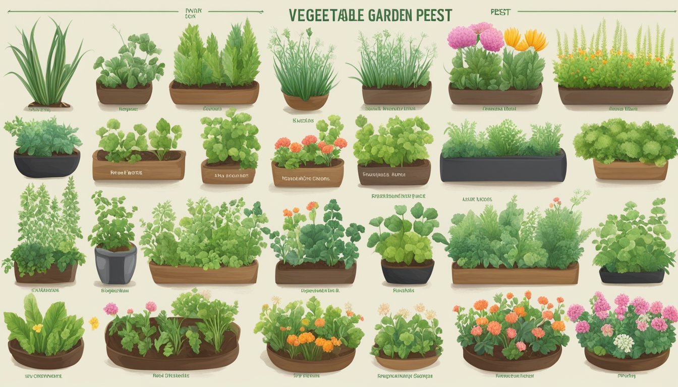 A garden with 14 different types of plants arranged in rows, each labeled with the name of a vegetable garden pest that it naturally repels