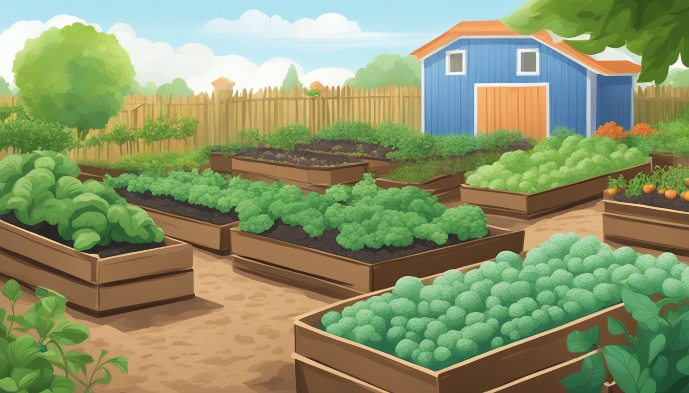 A garden with lush, thriving vegetables surrounded by bags of organic fertilizers and containers of nematodes being applied to the soil