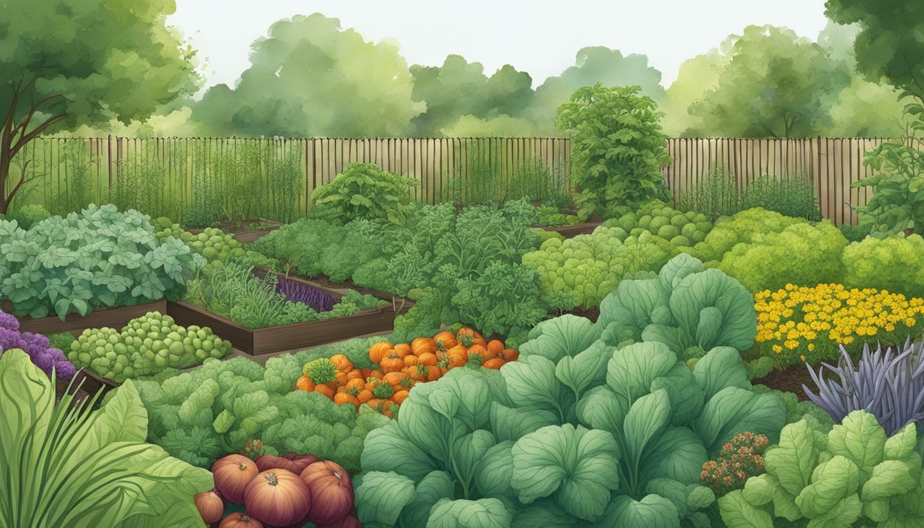 A lush vegetable garden with 14 fennel plants surrounded by various vegetables, with pests like aphids, beetles, and caterpillars being repelled