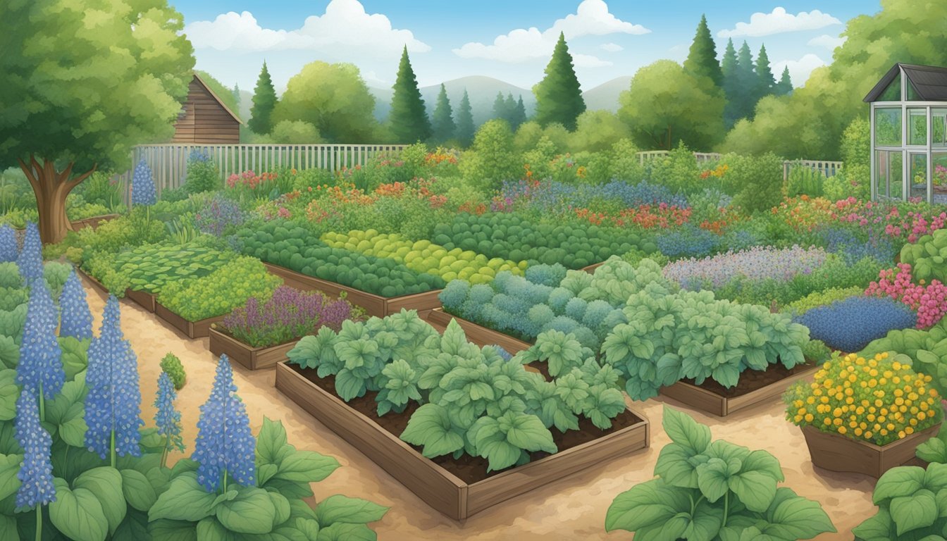 A lush vegetable garden with 14 borage plants intermixed, surrounded by thriving crops and free of pests