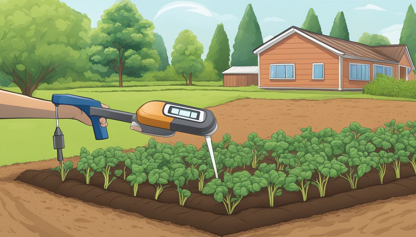 A hand holding a soil moisture meter near a vegetable garden, with nematodes being applied to the soil