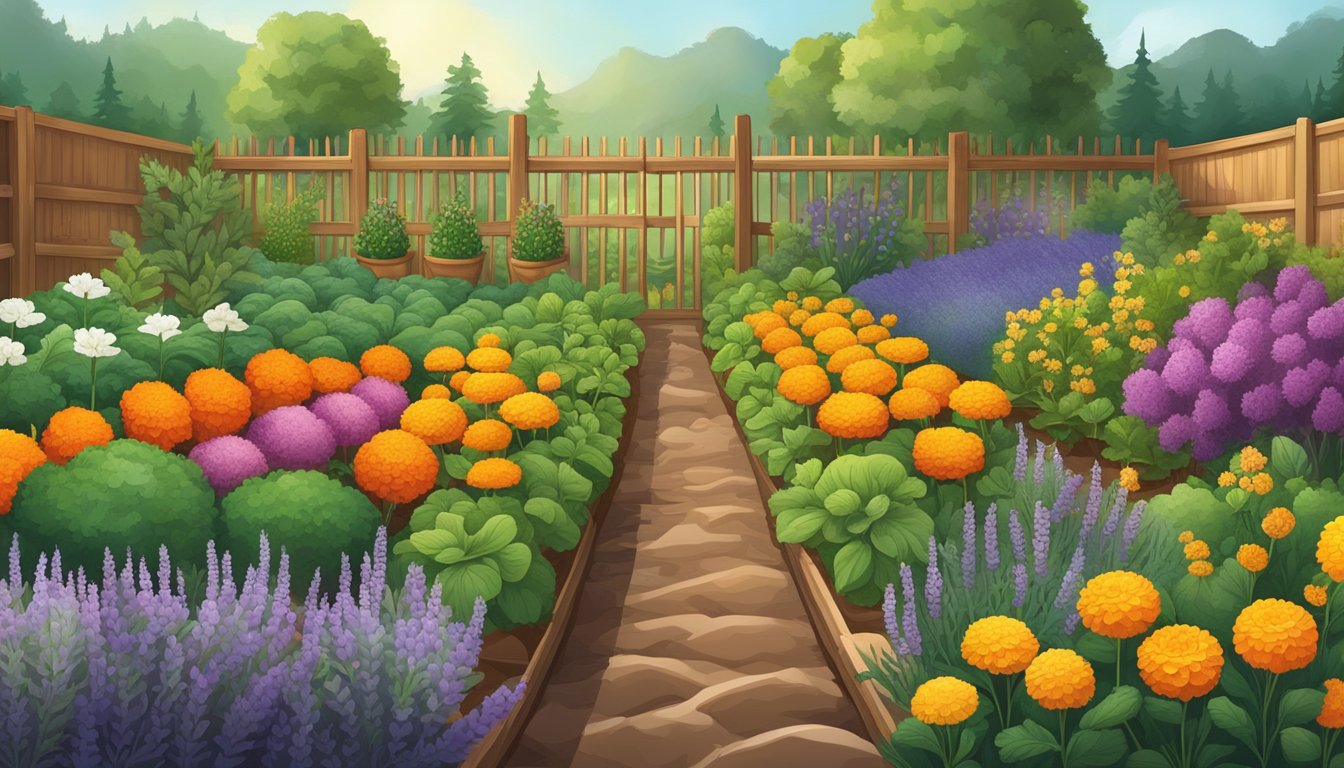 A lush vegetable garden with 14 different plants, such as marigolds and lavender, surrounded by healthy crops, repelling pests