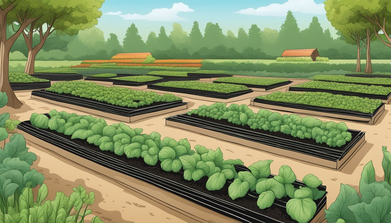 A vegetable garden with rows of plants covered in reflective mulch, surrounded by natural methods to control thrips