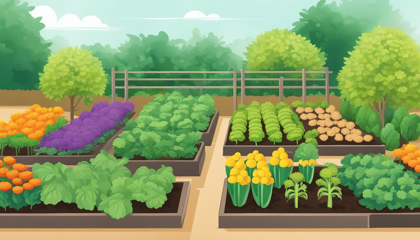 A lush vegetable garden with chrysanthemum plants surrounded by various vegetables. Thrips are seen on the leaves, while natural control methods are being applied