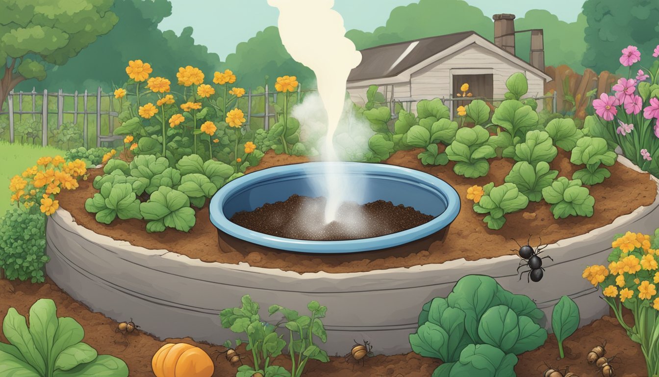 A pot of boiling water being poured onto a patch of soil with ants crawling around a vegetable garden