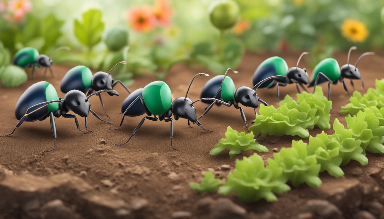 Ants marching in a line towards a vegetable garden, with DIY ant control solutions displayed nearby