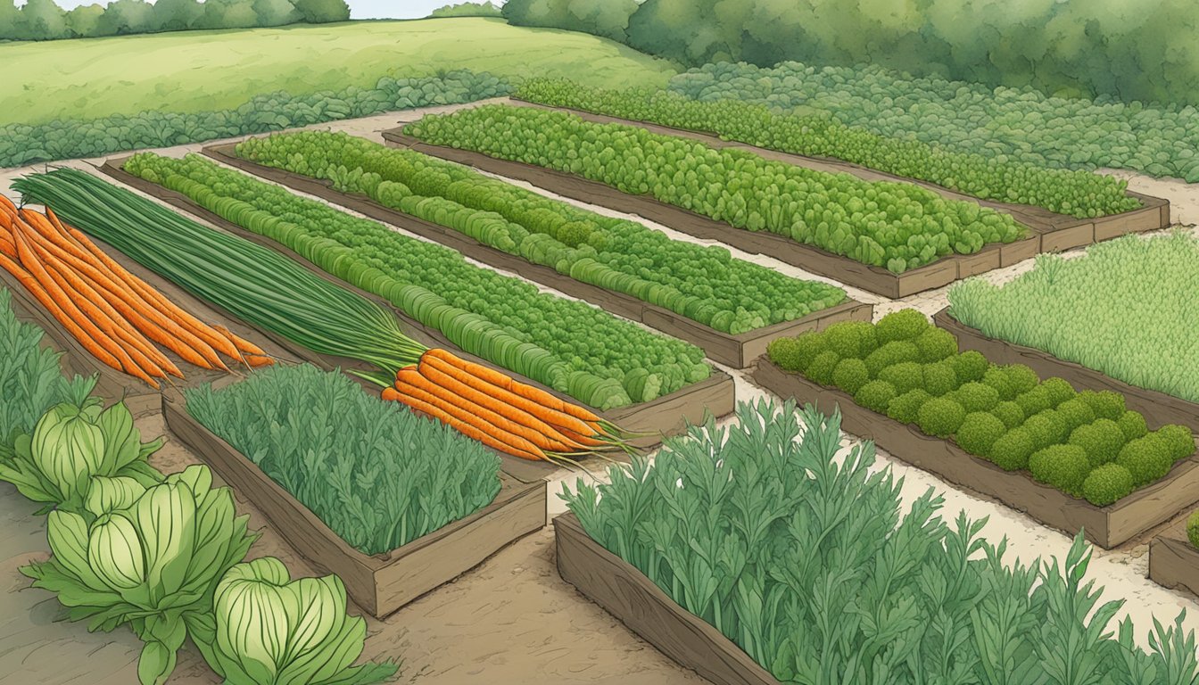 Carrots and leeks growing together, surrounded by natural pest management methods like intercropping, attracting beneficial insects, and using companion plants