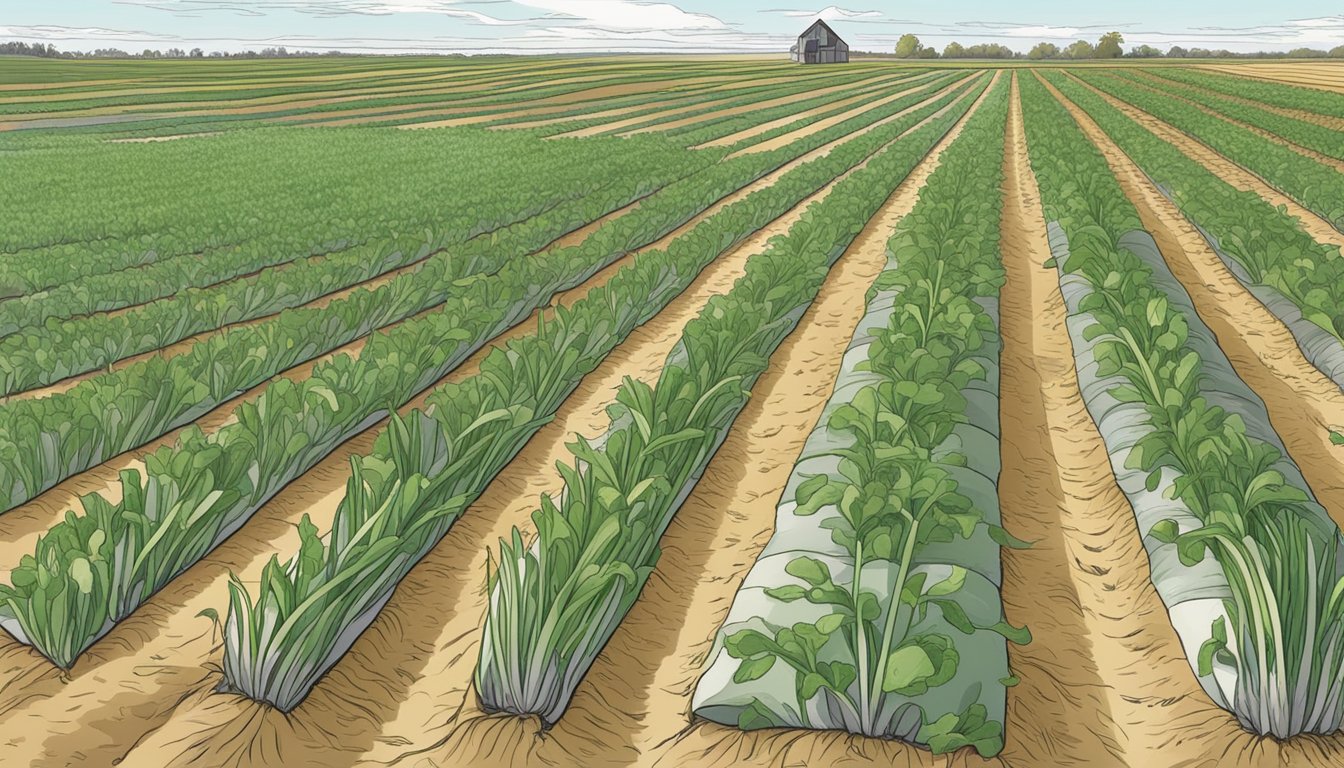 A field of intercropped onions with leek moth management techniques such as row covers, pheromone traps, and beneficial insects