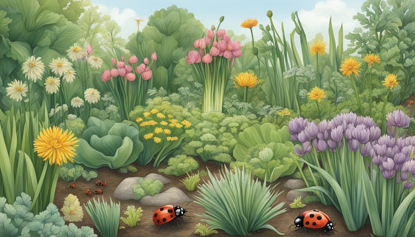 A garden with leek plants surrounded by natural predators and deterrents, such as ladybugs, birds, and floating row covers