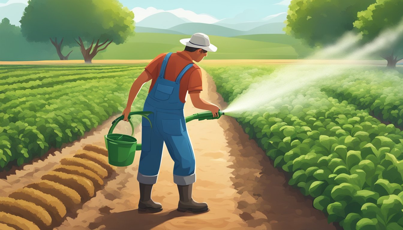 A farmer spraying copper sulfate on crops to control pests