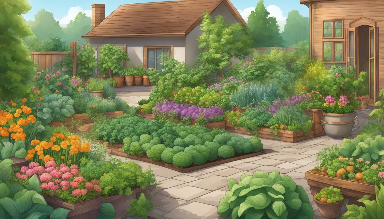 A lush garden with various plants and vegetables, each being protected by copper soap fungicide in different ways, such as through sprays, barriers, and soil amendments