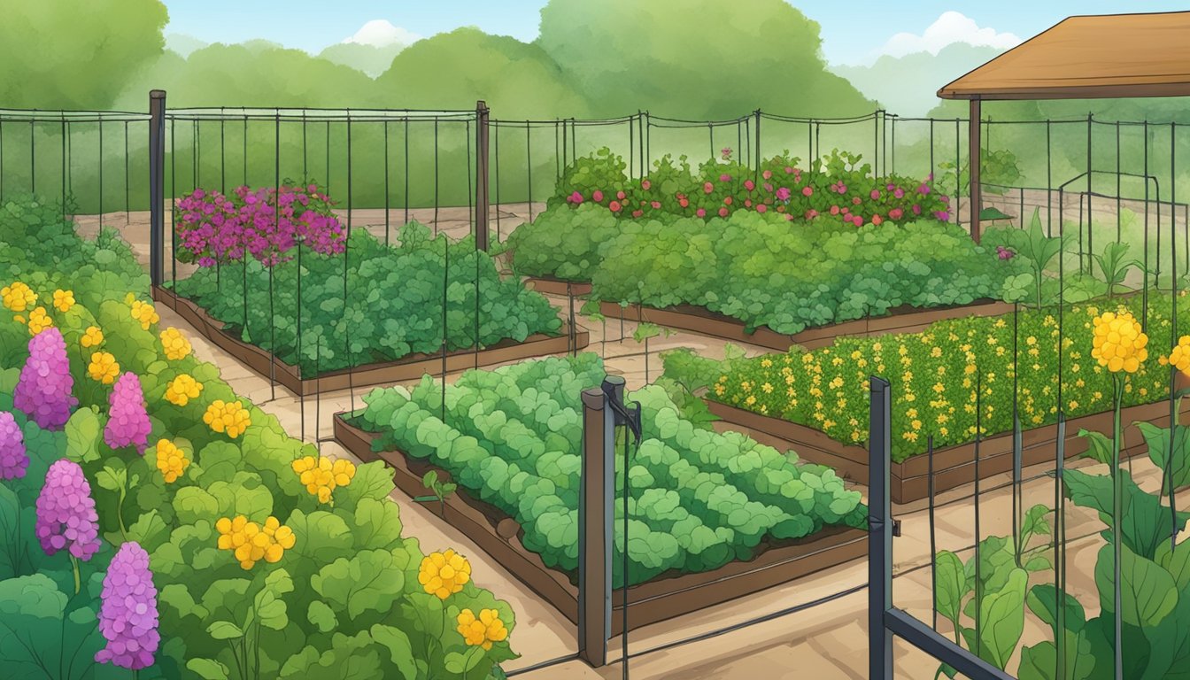 A vegetable garden with various plants and crops, infested with Japanese beetles. DIY traps are set up among the vegetation