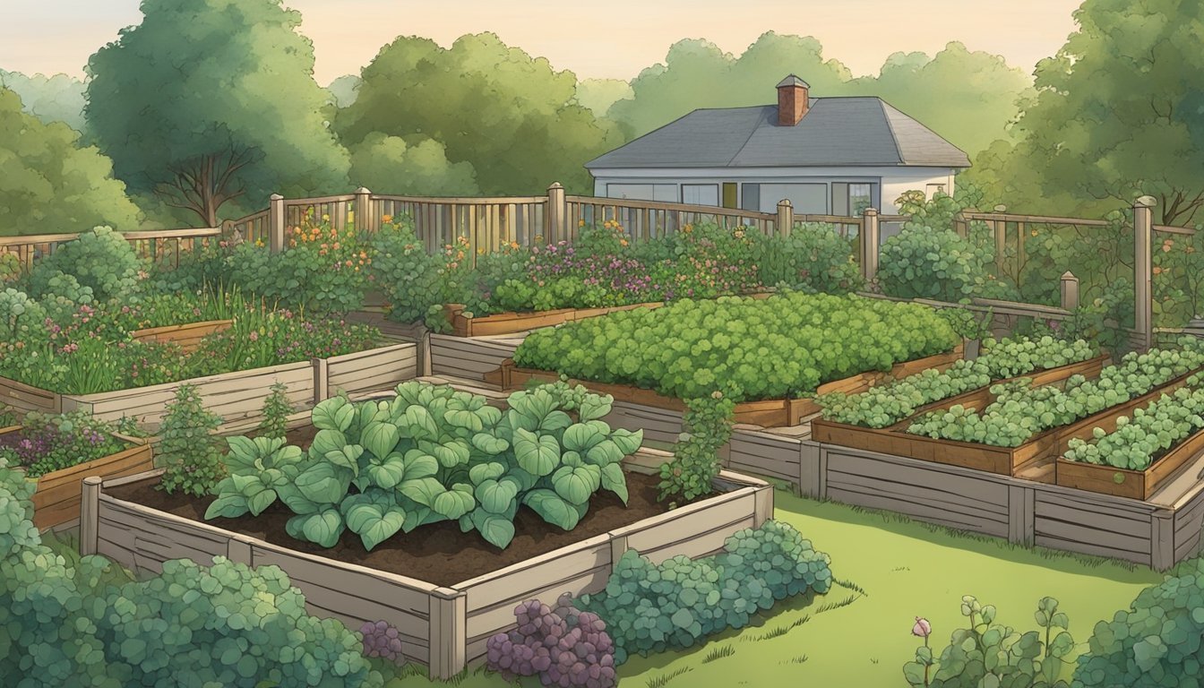 A lush vegetable garden with various plants and crops, surrounded by trees and shrubs. Japanese beetles are seen feeding on the leaves, while DIY traps are strategically placed around the garden