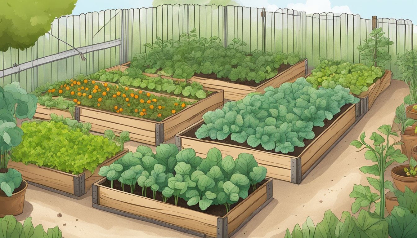 A vegetable garden with salt barriers surrounding the plants, while DIY traps are strategically placed to catch slugs and snails