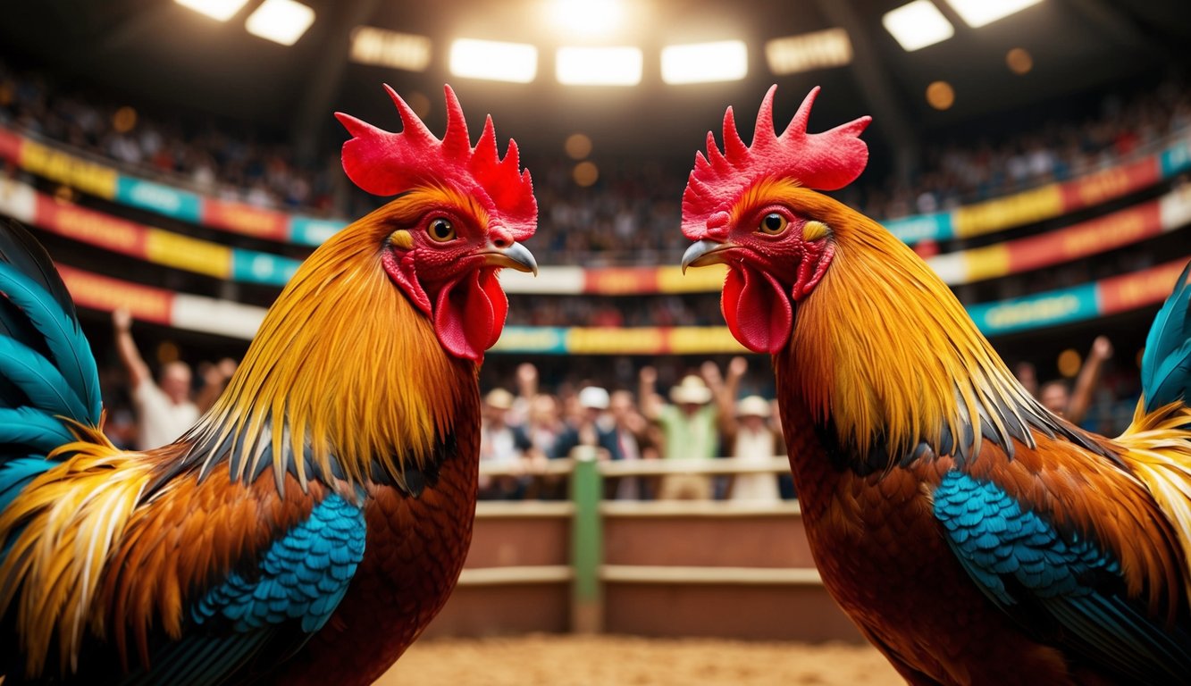 Dua ayam jantan berhadapan di arena sabung ayam virtual, dikelilingi oleh penonton yang bersorak dan spanduk berwarna-warni