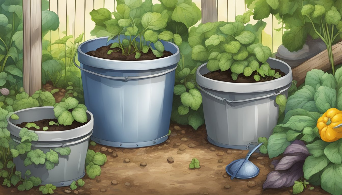 Vaseline smeared on the edges of pots in a lush vegetable garden, with various DIY traps set up to catch slugs and snails