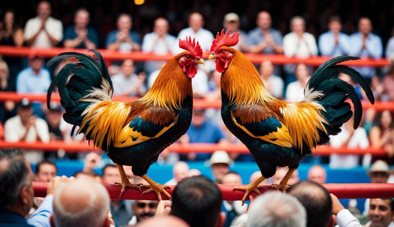 Dua ayam jantan bertarung di arena yang ramai, dikelilingi oleh penonton yang bersorak