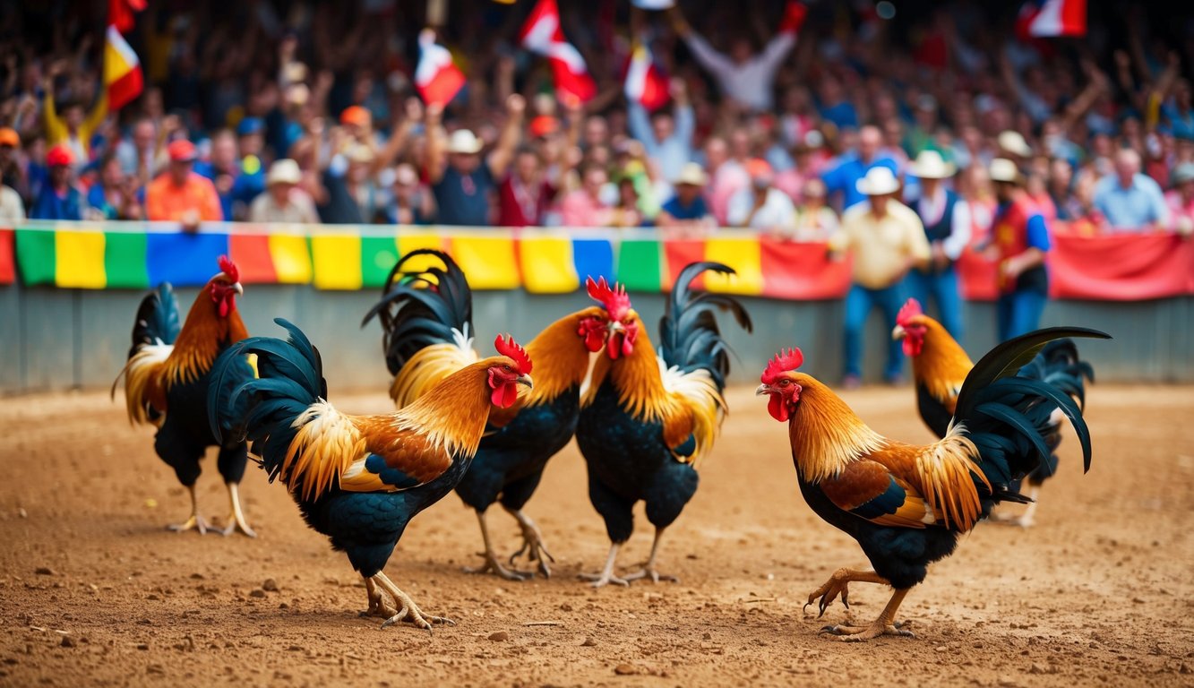 Sebuah arena yang ramai dengan ayam jantan dalam pertarungan sengit, dikelilingi oleh penonton yang bersorak dan spanduk berwarna-warni.