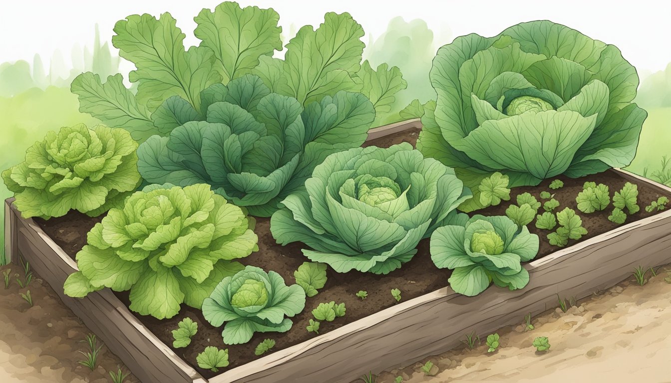 A garden bed with cabbage plants surrounded by interplanted strong-scented herbs. A few cabbage root flies hover nearby