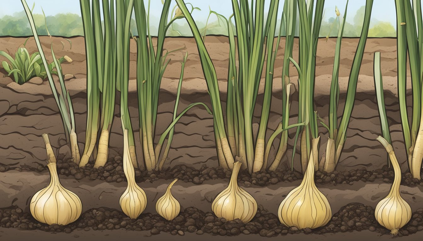 Onion maggots emerging from soil, feeding on onion roots, and pupating in the ground. Natural control methods being applied nearby