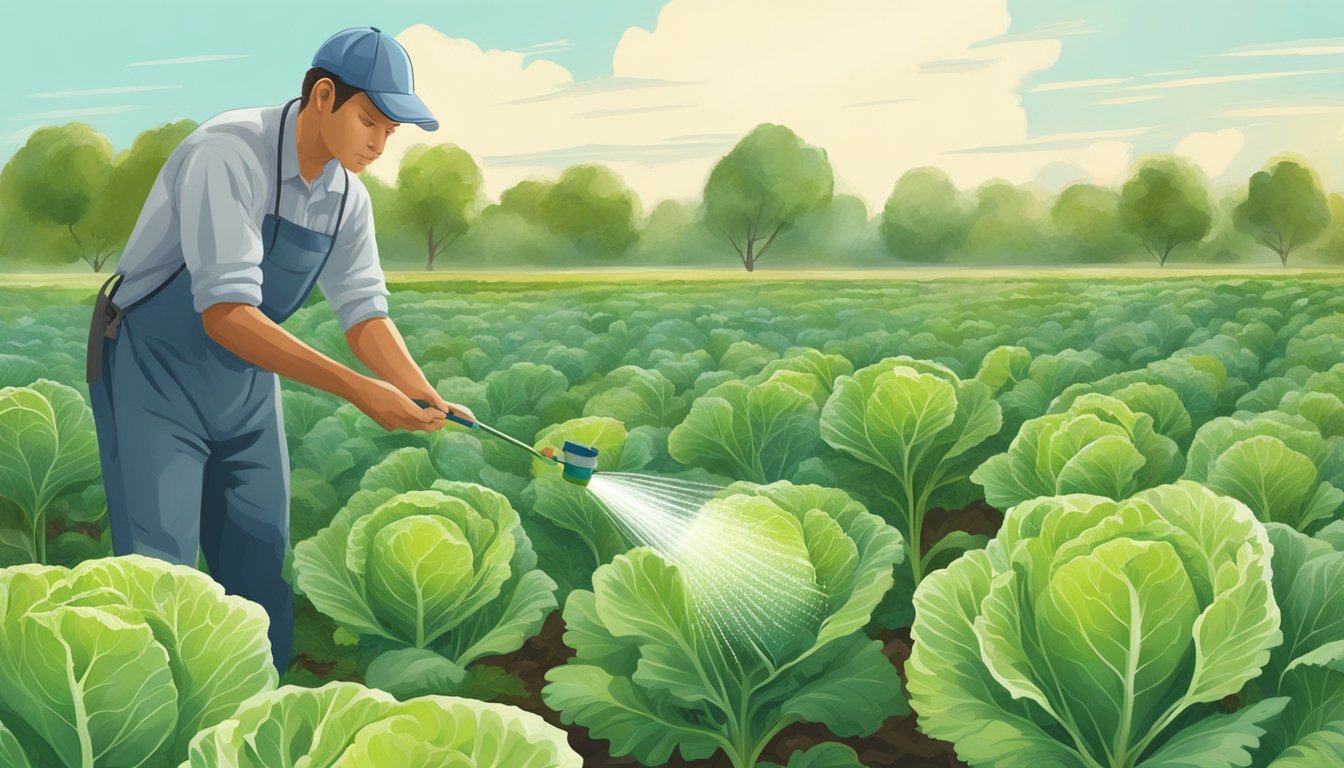 A person spraying neem oil on cabbage plants to manage cabbage root fly