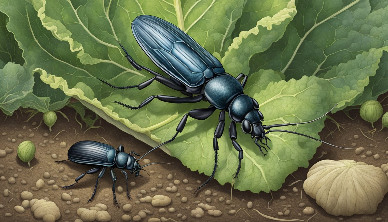 Ground beetles hunting cabbage root fly larvae in a garden at dusk