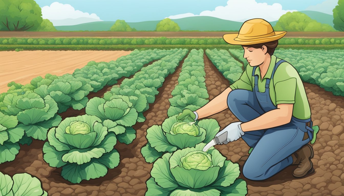 A gardener sprinkles diatomaceous earth around the base of cabbage plants to deter cabbage root fly