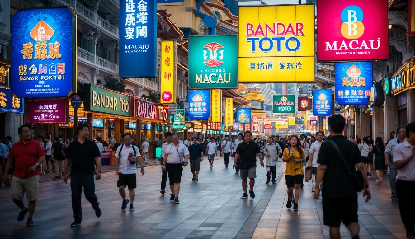 Sebuah jalan yang ramai di Makau dengan tanda dan spanduk berwarna-warni yang mengiklankan Bandar Toto. Pemandangan ini dipenuhi dengan energi dan kegembiraan.