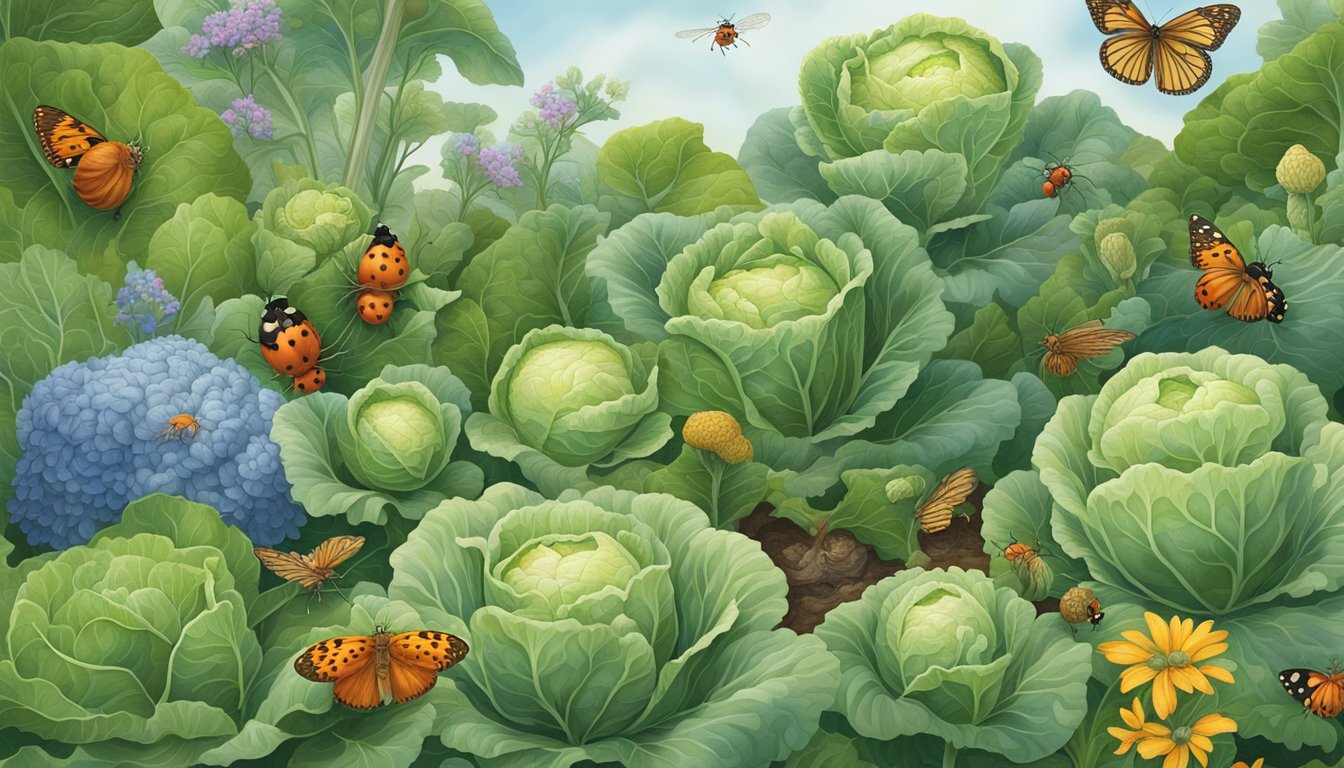 A garden scene with cabbage plants surrounded by natural predators such as ladybugs, lacewings, and parasitic wasps, all working together to manage the cabbage root fly population