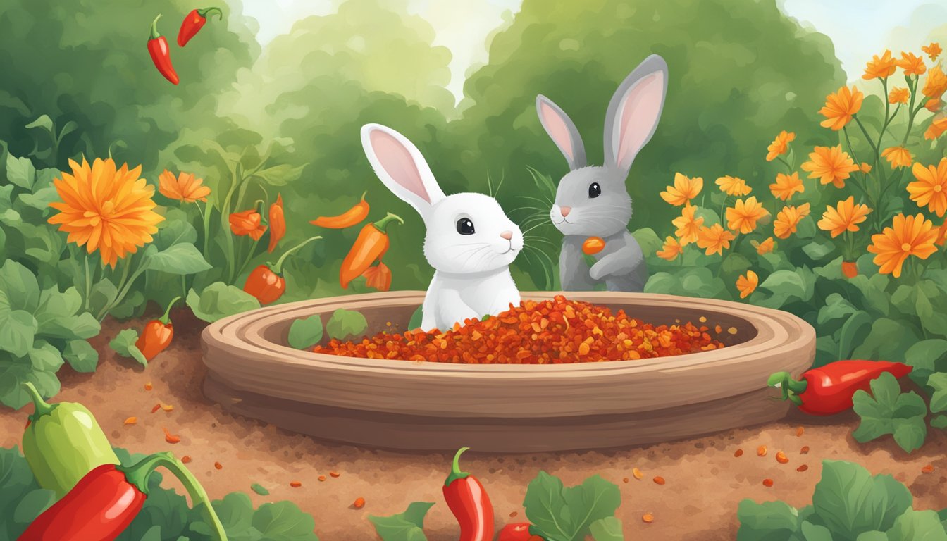 Cayenne pepper and chili flakes scattered around a garden bed with nibbled vegetables and fleeing rabbits